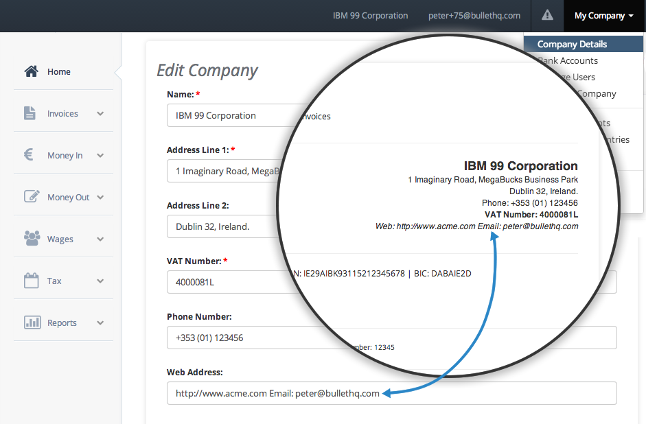 How to add your email address to an invoice template Bullet free online invoicing software